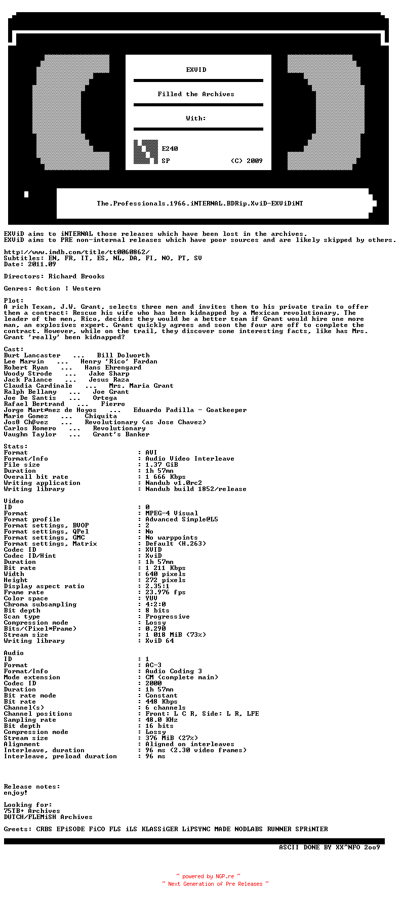 NFO for the release The.Professionals.1966.iNTERNAL.BDRip.XviD-EXViDiNT by EXViDiNT