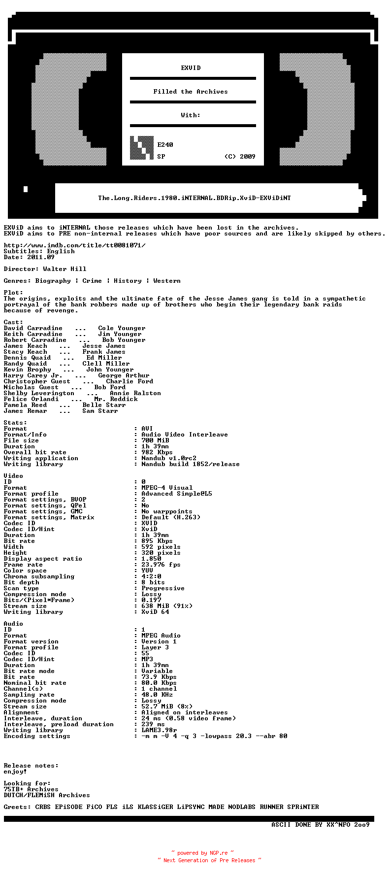 NFO for the release The.Long.Riders.1980.iNTERNAL.BDRip.XviD-EXViDiNT by EXViDiNT