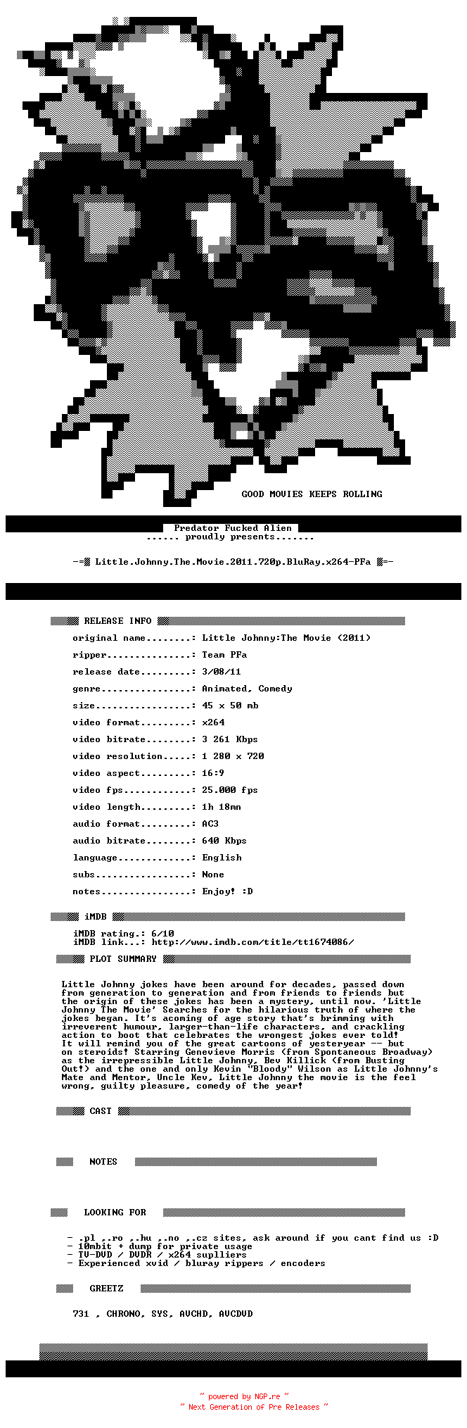 NFO for the release Little.Johnny.The.Movie.2011.720p.BluRay.x264-PFa by PFa