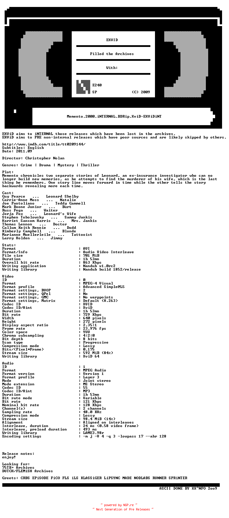 NFO for the release Memento.2000.iNTERNAL.BDRip.XviD-EXViDiNT by EXViDiNT