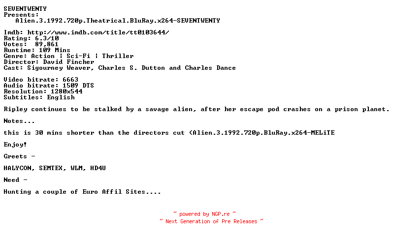 NFO for the release Alien.3.1992.720p.Theatrical.BluRay.x264-SEVENTWENTY by SEVENTWENTY
