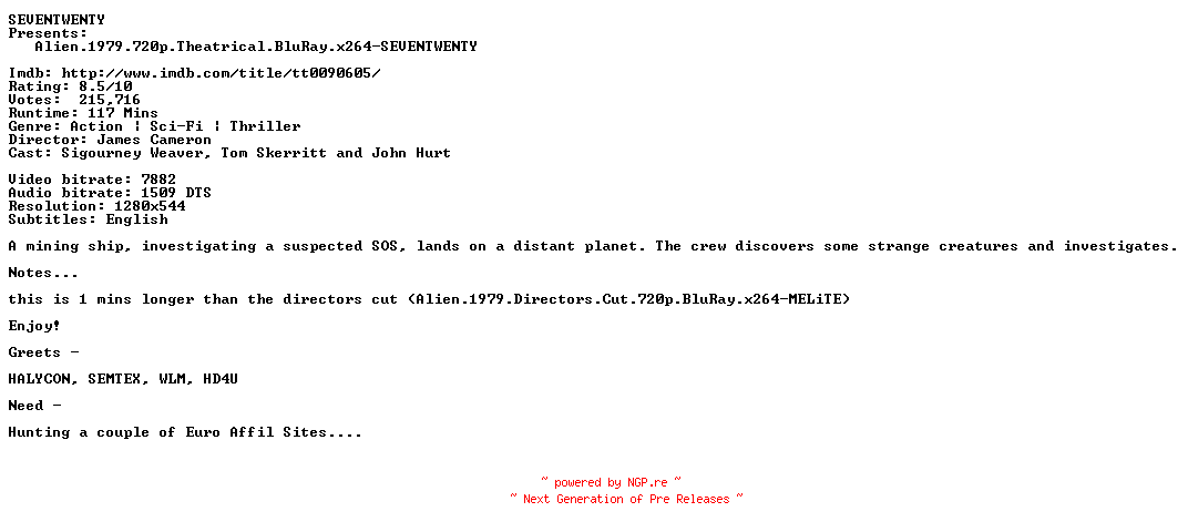 NFO for the release Alien.1979.720p.Theatrical.BluRay.x264-SEVENTWENTY by SEVENTWENTY
