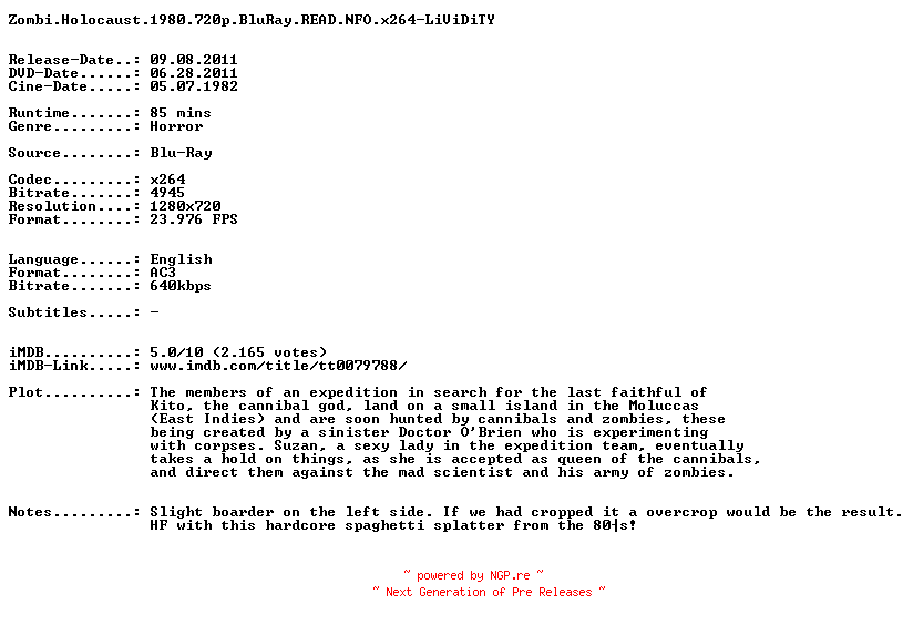 NFO for the release Zombi.Holocaust.1980.720p.BluRay.READ.NFO.x264-LiViDiTY by LiViDiTY