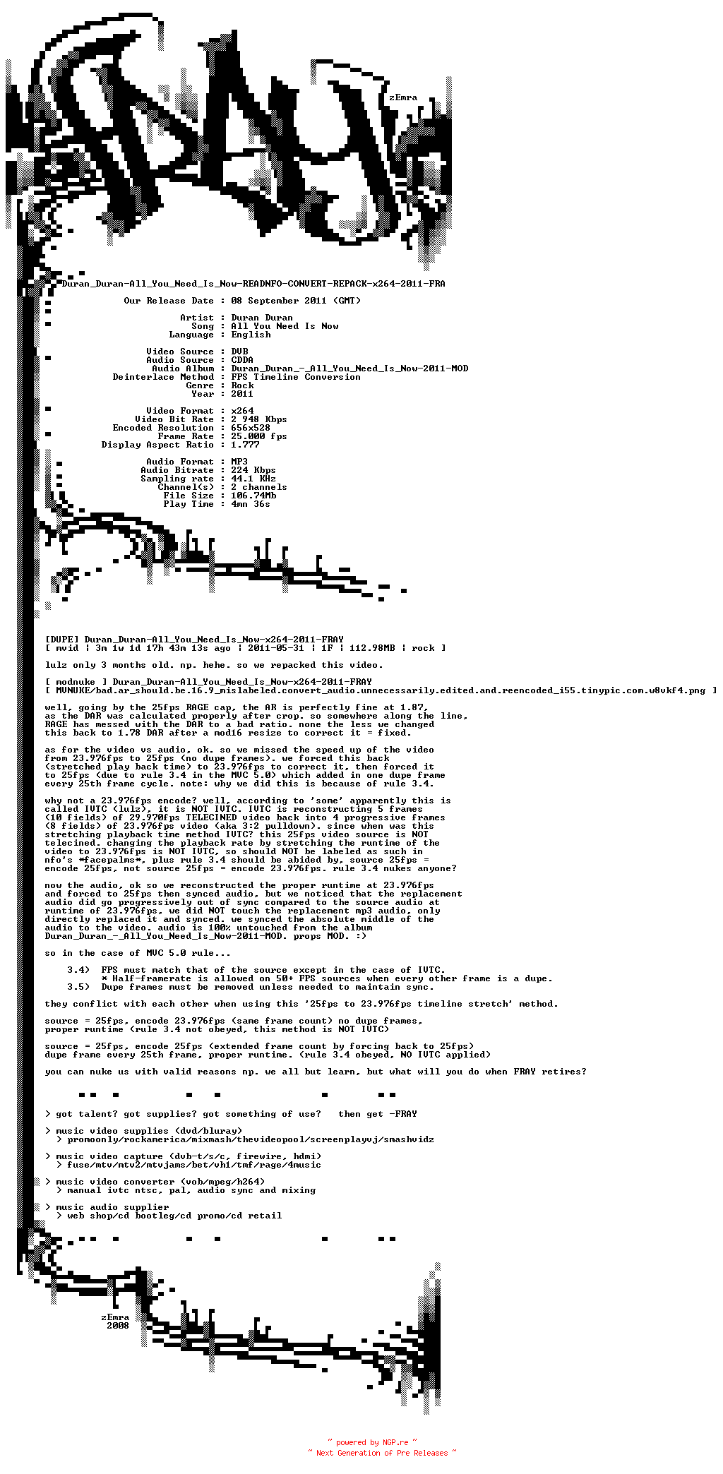 NFO for the release Duran_Duran-All_You_Need_Is_Now-READNFO-CONVERT-REPACK-x264-2011-FRAY by FRAY