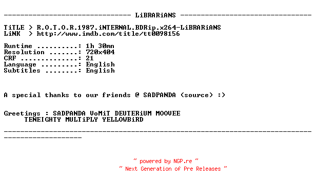 NFO for the release R.O.T.O.R.1987.iNTERNAL.BDRip.x264-LiBRARiANS by LiBRARiANS