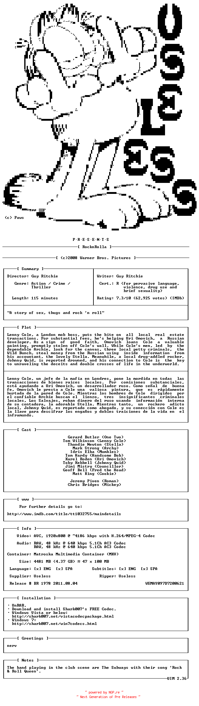 NFO for the release Rock.N.Rolla.BDRip.x264.2008.SP-USL by USL