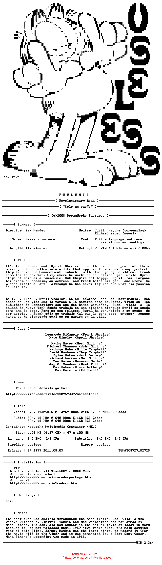 NFO for the release Revolutionary.Road.BDRip.x264.2008.SP-USL by USL