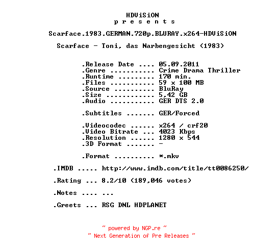 NFO for the release Scarface.1983.GERMAN.720p.BLURAY.x264-HDViSiON by HDViSiON