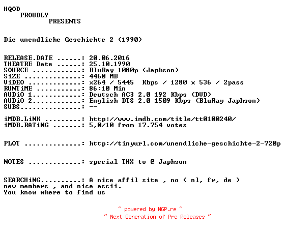 NFO for the release Die.unendliche.Geschichte.2.1990.German.AC3D.DL.720p.BluRay.x264-HQOD by HQOD