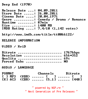 NFO for the release Deep.End.German.1970.AC3.BDRip.XviD-OBLiGATED by OBLiGATED
