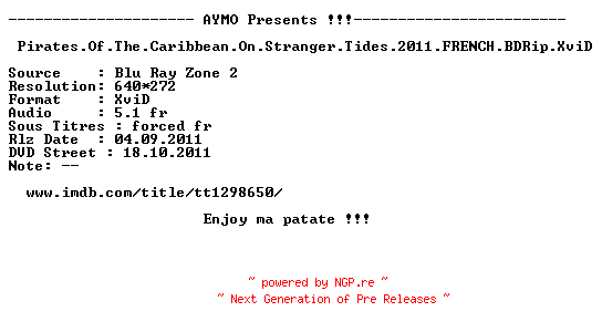 NFO for the release Pirates.Of.The.Caribbean.On.Stranger.Tides.2011.FRENCH.BDRip.XviD-AYMO by AYMO