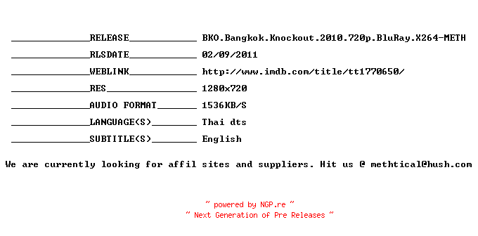 NFO for the release BKO.Bangkok.Knockout.2010.720p.BluRay.X264-METH by METH