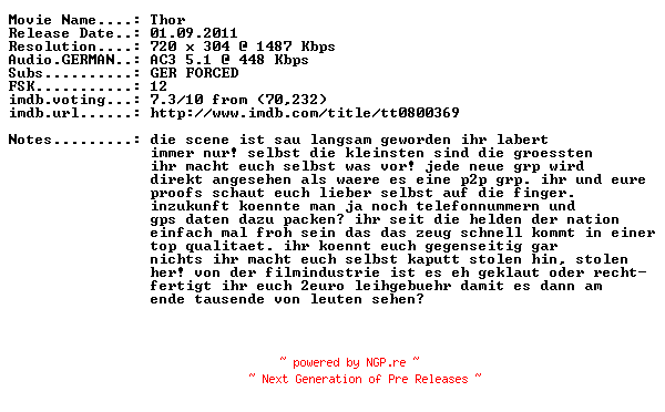 NFO for the release Thor.German.2011.AC3.BDRip.XviD-THANKLESS by THANKLESS