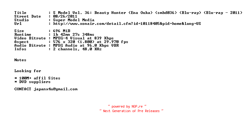 NFO for the release S.Model.Vol.36.Beauty.Hunter.Ena.Ouka.SMBD036.BDRip.XviD.JAV.Uncensored-JapanX by JapanX