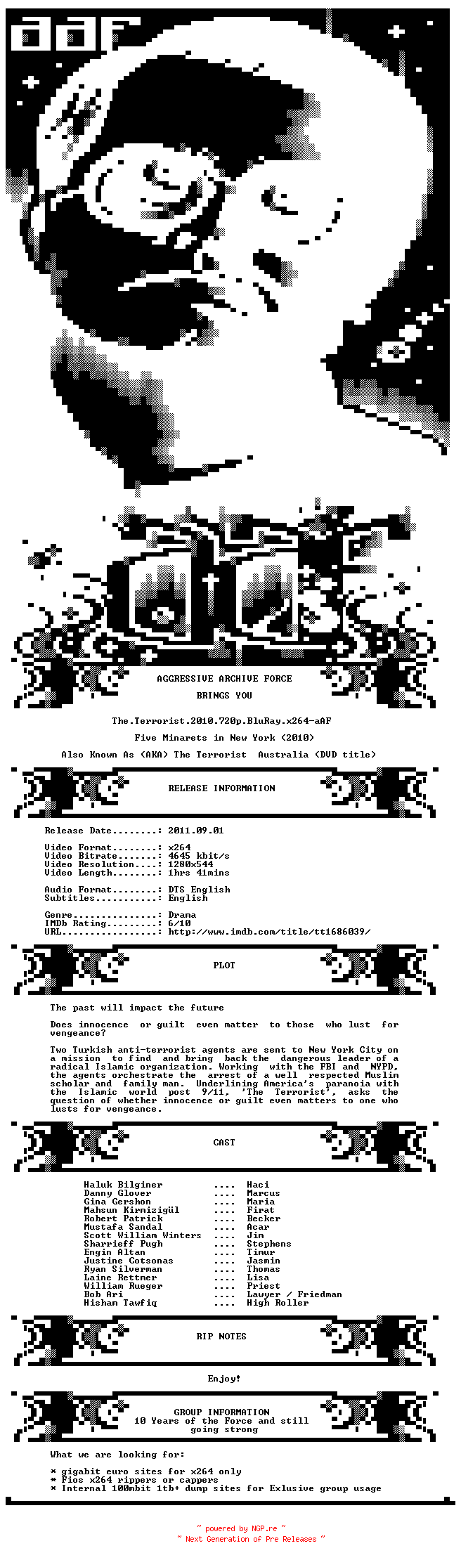 NFO for the release The.Terrorist.2010.720p.BluRay.x264-aAF by aAF