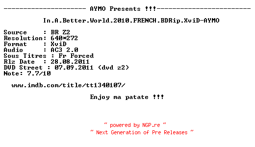 NFO for the release In.A.Better.World.2010.FRENCH.BDRip.XviD-AYMO by AYMO