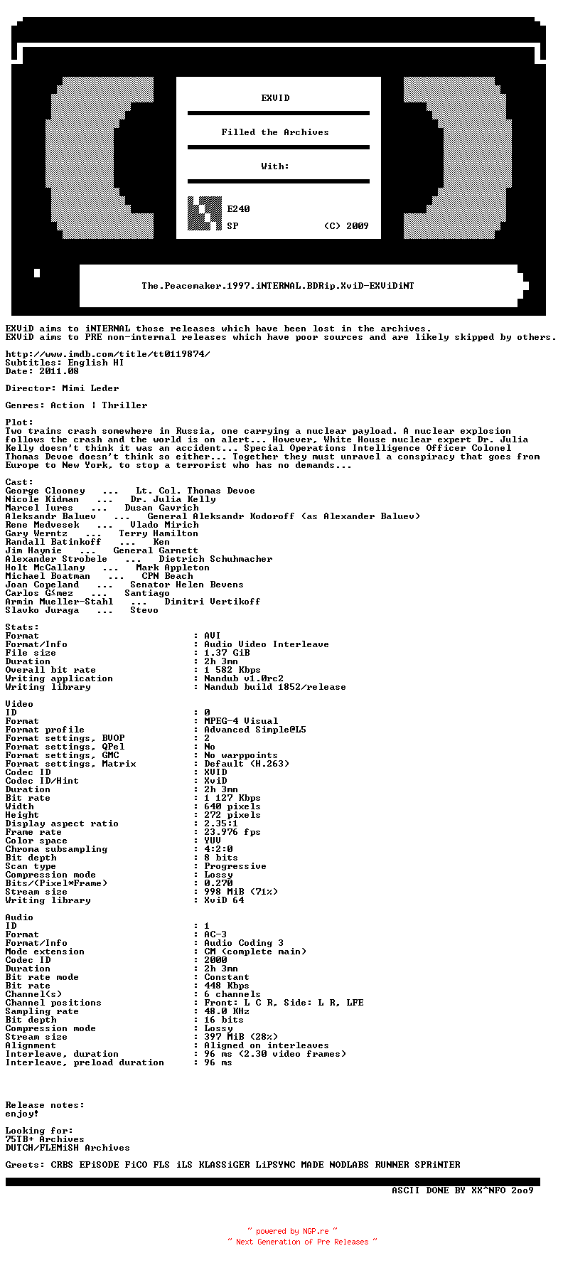 NFO for the release The.Peacemaker.1997.iNTERNAL.BDRip.XviD-EXViDiNT by EXViDiNT