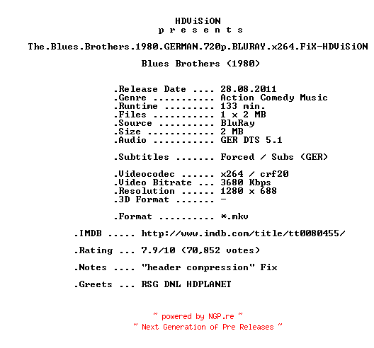 NFO for the release The.Blues.Brothers.1980.GERMAN.720p.BLURAY.x264.FiX-HDViSiON by HDViSiON