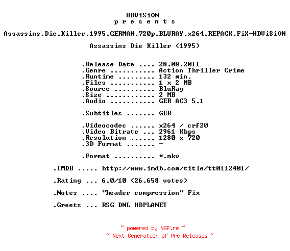NFO for the release Assassins.Die.Killer.1995.GERMAN.720p.BLURAY.x264.REPACK.FiX-HDViSiON by HDViSiON