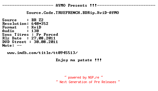 NFO for the release Source.Code.TRUEFRENCH.BDRip.XviD-AYMO by AYMO