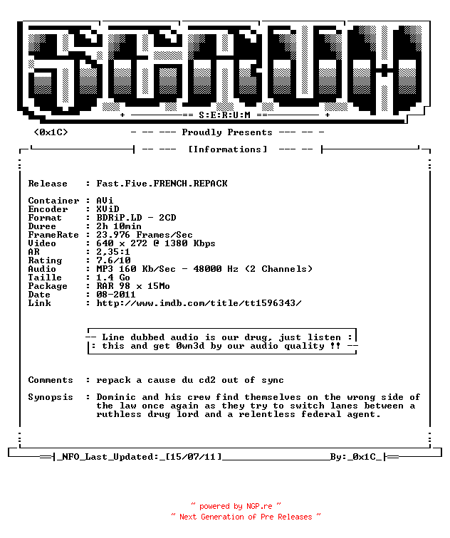 NFO for the release Fast.Five.FRENCH.REPACK.BDRiP.LD.XViD-SERUM by SERUM
