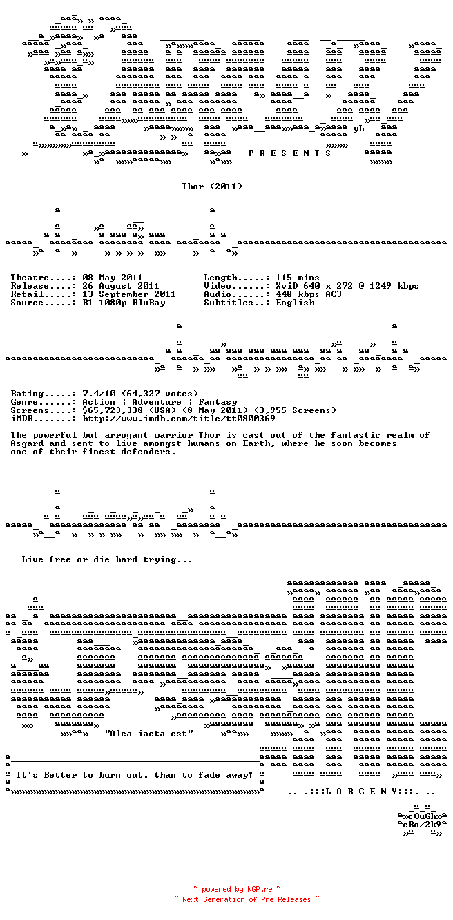 NFO for the release Thor.2011.BDRip.XviD-Larceny by Larceny
