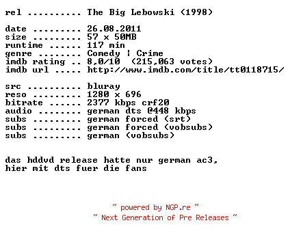 NFO for the release The.Big.Lebowski.1998.German.720p.BluRay.x264.iNTERNAL-LEBOWSKi by LEBOWSKi