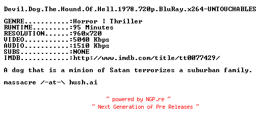 NFO for the release Devil.Dog.The.Hound.Of.Hell.1978.720p.BluRay.x264-UNTOUCHABLES by UNTOUCHABLES