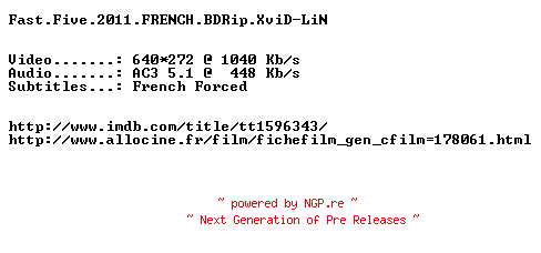 NFO for the release Fast.Five.2011.FRENCH.BDRip.XviD-LiN by LiN