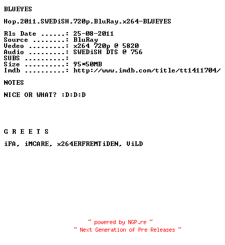 NFO for the release Hop.2011.SWEDiSH.720p.BluRay.x264-BLUEYES by BLUEYES