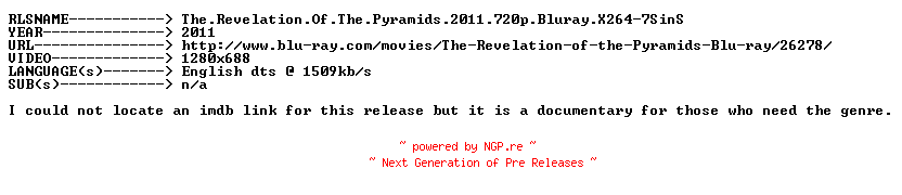 NFO for the release The.Revelation.Of.The.Pyramids.2011.720p.BluRay.X264-7SinS by 7SinS