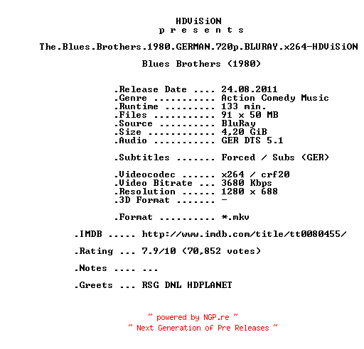 NFO for the release The.Blues.Brothers.1980.GERMAN.720p.BLURAY.x264-HDViSiON by HDViSiON