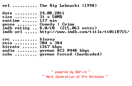 NFO for the release The.Big.Lebowski.1998.German.AC3.BDRip.XviD.iNTERNAL-LEBOWSKi by LEBOWSKi