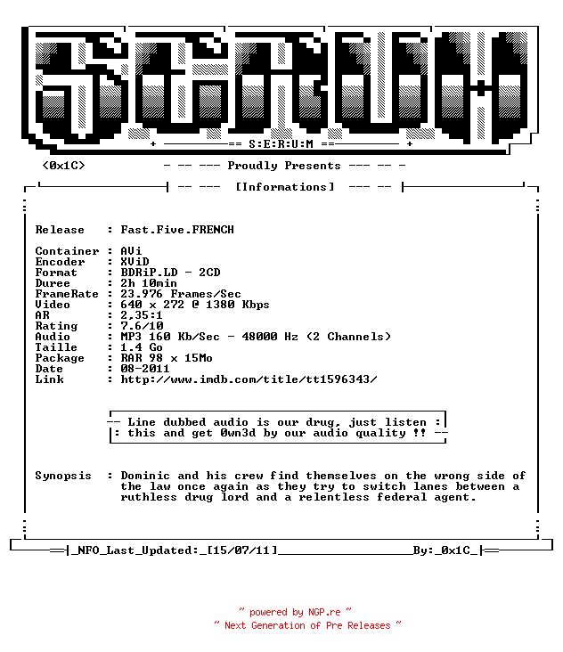 NFO for the release Fast.Five.FRENCH.BDRiP.LD.XViD-SERUM by SERUM