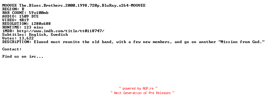 NFO for the release The.Blues.Brothers.2000.1998.720p.BluRay.x264-MOOVEE by MOOVEE