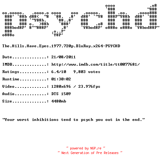 NFO for the release The.Hills.Have.Eyes.1977.720p.BluRay.x264-PSYCHD by PSYCHD