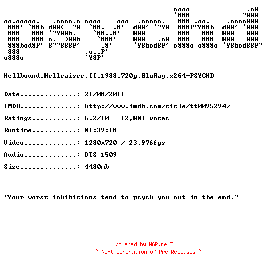 NFO for the release Hellbound.Hellraiser.II.1988.720p.BluRay.x264-PSYCHD by PSYCHD