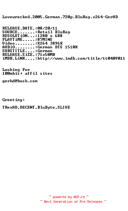 NFO for the release Lovewrecked.2005.German.720p.BluRay.x264-GerHD by GerHD