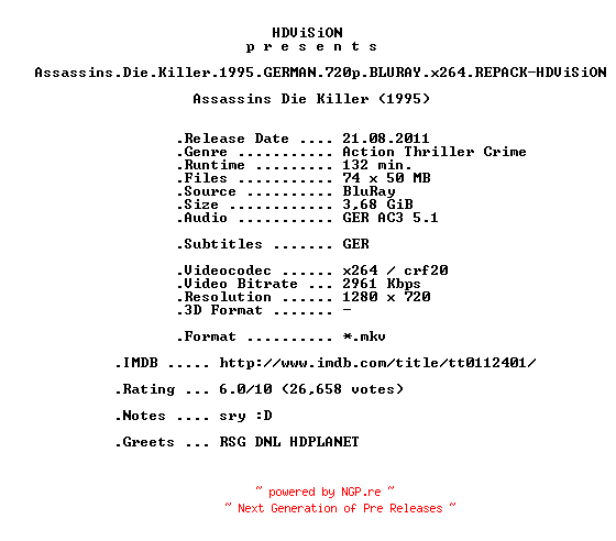 NFO for the release Assassins.Die.Killer.1995.GERMAN.720p.BLURAY.x264.REPACK-HDViSiON by HDViSiON