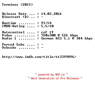 NFO for the release Terminus.The.End.Begins.Here.German.2015.AC3.BDRiP.x264-EXQUiSiTE by EXQUiSiTE