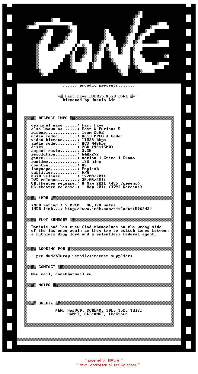 NFO for the release Fast.Five.BDRip.XviD-DoNE by DoNE