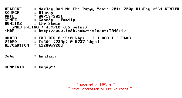 NFO for the release Marley.And.Me.The.Puppy.Years.2011.720p.BluRay.x264-SEMTEX by SEMTEX