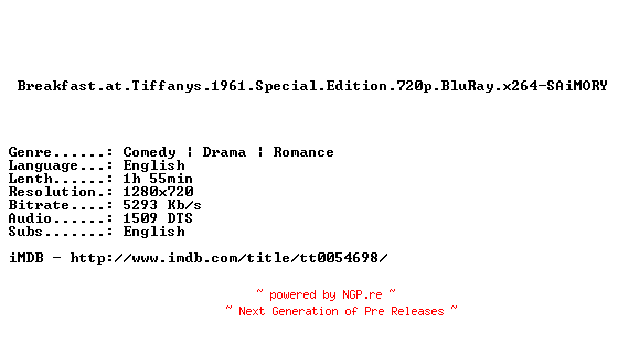 NFO for the release Breakfast.at.Tiffanys.1961.Special.Edition.720p.BluRay.x264-SAiMORY by SAiMORY