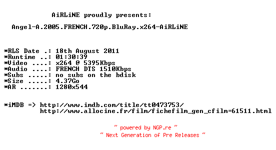 NFO for the release Angel-A.2005.FRENCH.720p.BluRay.x264-AiRLiNE by AiRLiNE