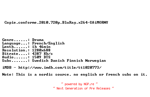 NFO for the release Copie.conforme.2010.READNFO.720p.BluRay.x264-SAiMORNY by SAiMORNY