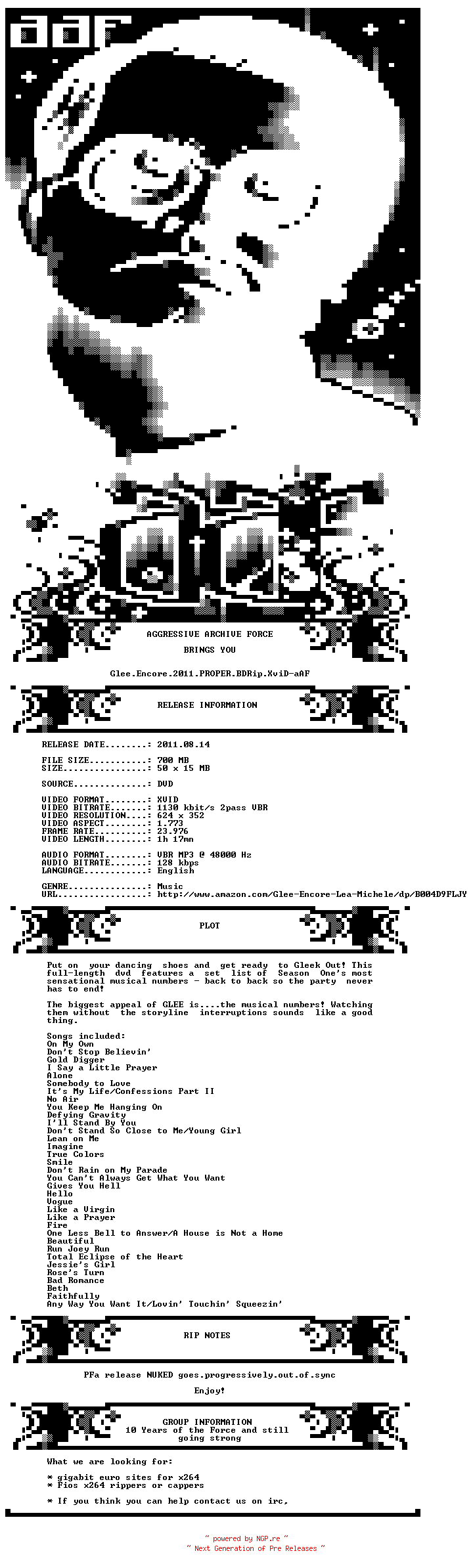 NFO for the release Glee.Encore.2011.PROPER.BDRip.XviD-aAF by aAF