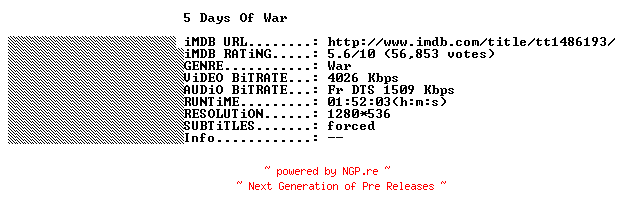 NFO for the release 5.Days.Of.War.2011.FRENCH.720p.BluRay.x264-THENiGHTMAREiNHD by THENiGHTMAREiNHD