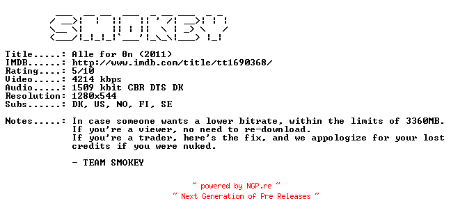 NFO for the release Alle.for.En.2011.REPACK.DANISH.720p.Bluray.x264-SMOKEY by SMOKEY
