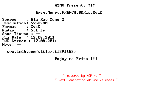 NFO for the release Easy.Money.FRENCH.BDRip.XviD-AYMO by AYMO