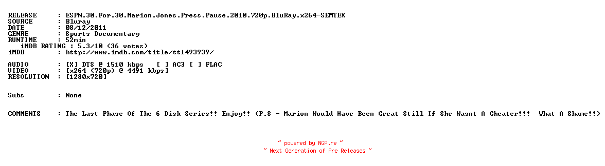NFO for the release ESPN.30.For.30.Marion.Jones.Press.Pause.2010.720p.BluRay.x264-SEMTEX by SEMTEX